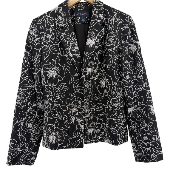 Jones New York Signature Jackets & Blazers - Jones New York Signature Womens 8 Black White Floral Embroidered Linen Blazer‎